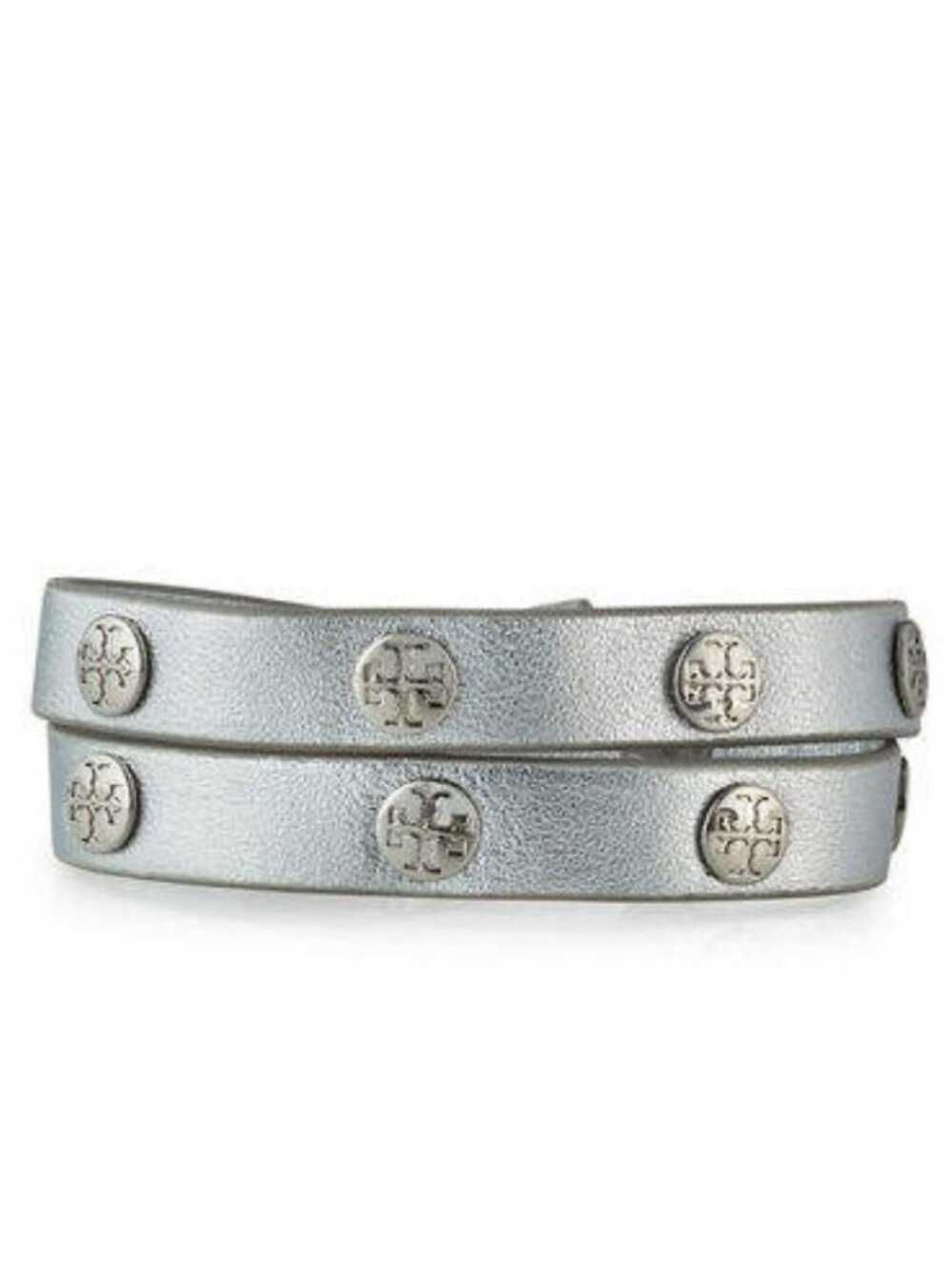 TORY BURCH~Metallic Silver Double-Wrap Logo Stud Bracelet
